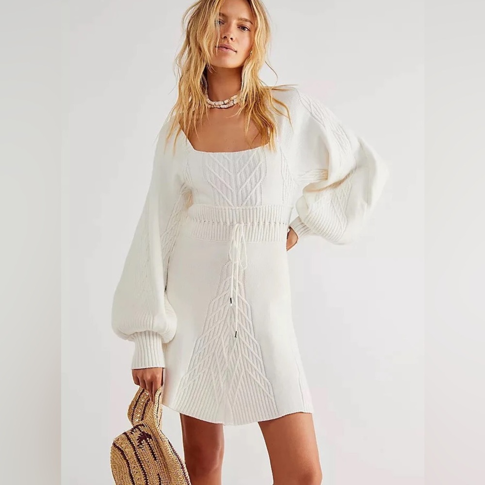 Free People Emmaline white cable knit puff sleeve cutout back mini dress XS NWT